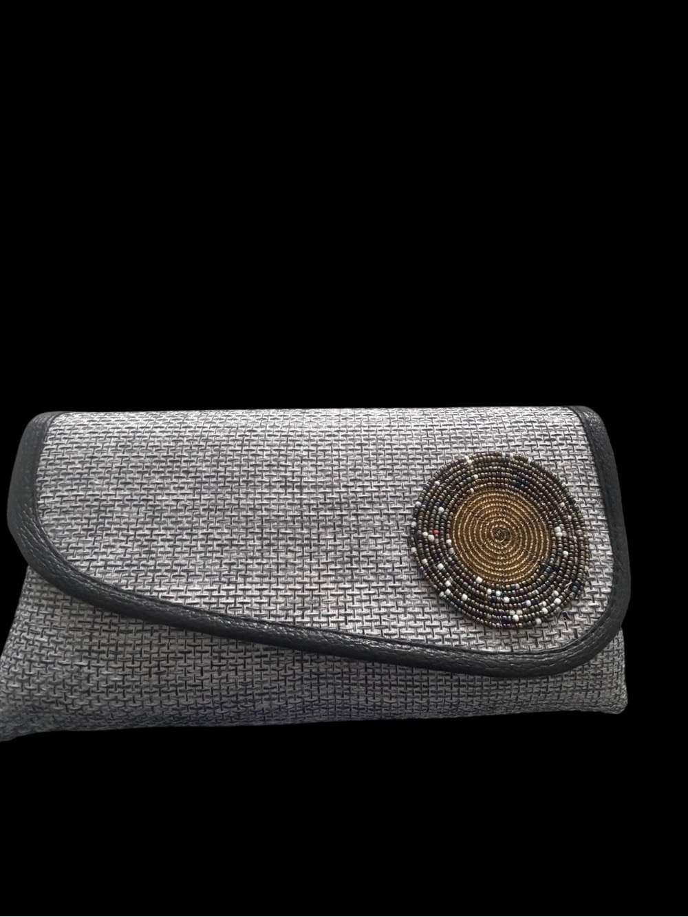 Beaded Accent Gray Woven Clutch